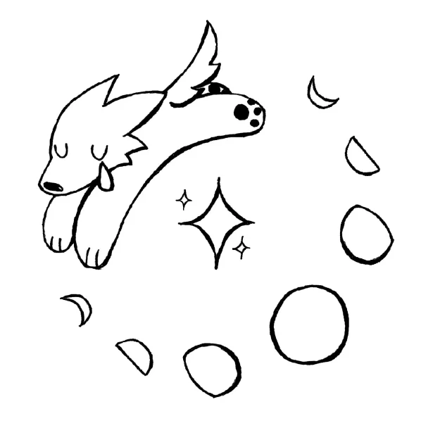 a black and white illustration of a dog following the phases of a moon in a circle, around a star in the center
